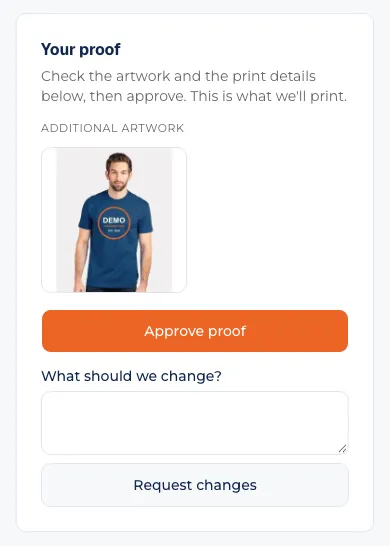 Your proof in the customer portal: a mockup of a royal blue tee with a Demo Organization logo, an Approve proof button, and a box and button to request changes